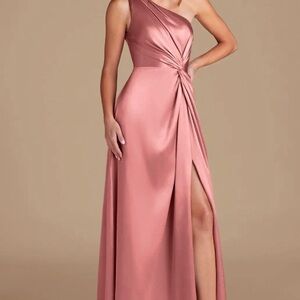 Rosette A-Line One Shoulder Metallic Satin Dress